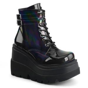 Demonia Shaker-52 Black Holographic Platform Boots.